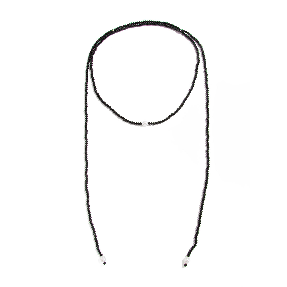 Black Acrylic and Pearl Long Chain Necklace, dainty minimalist design, front view