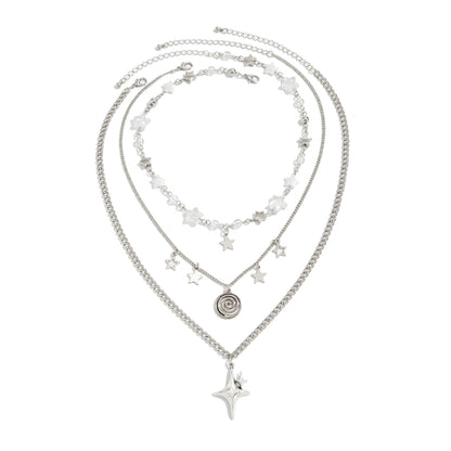 Clear Resin & Pearl Silvertone Swirl Star Pendant Necklace Set