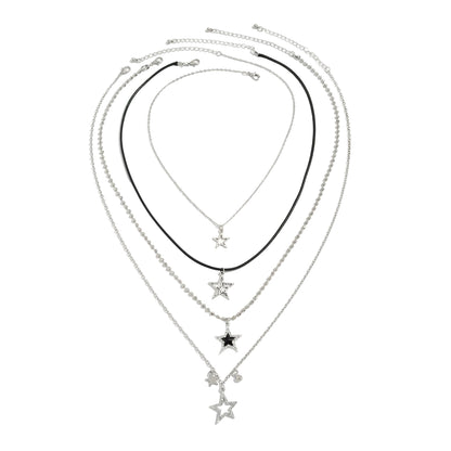 Black Polyster & Cubic Zirconia Acrylic Silvertone Star Pendant Necklace Set