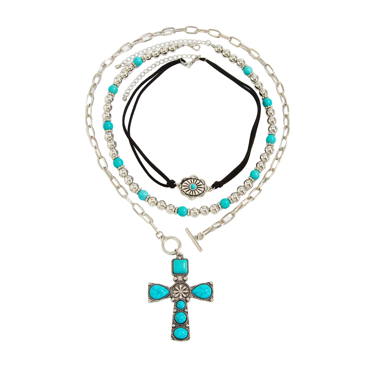 Black Polyster & Turqouise Silvertone Oval Cross Pendant Necklace Set