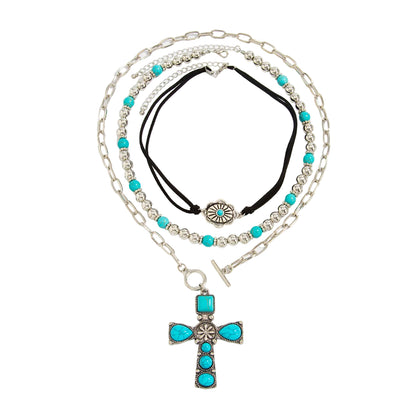 Black Polyster & Turqouise Silvertone Oval Cross Pendant Necklace Set
