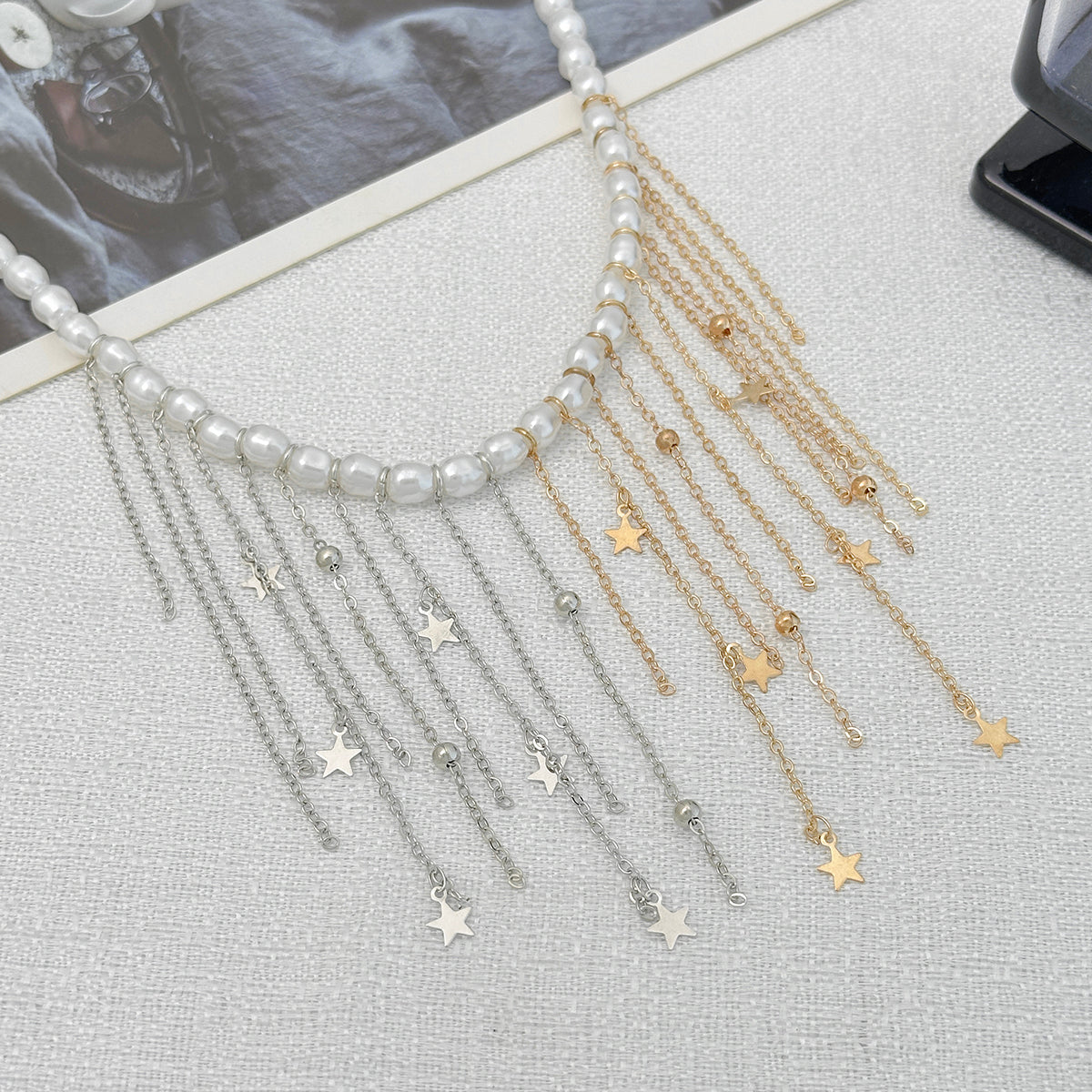 Pearl and Two Tone Star Tassel Collar Necklace, everyday style, side view