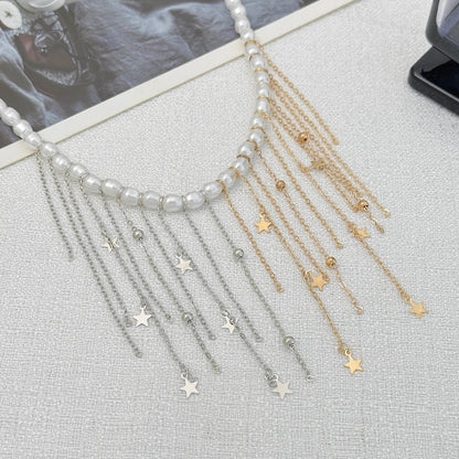Pearl and Two Tone Star Tassel Collar Necklace, everyday style, side view