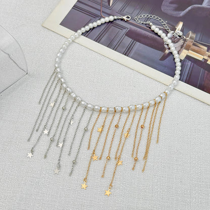 Pearl and Two Tone Star Tassel Collar Necklace, everyday style, detail close-up