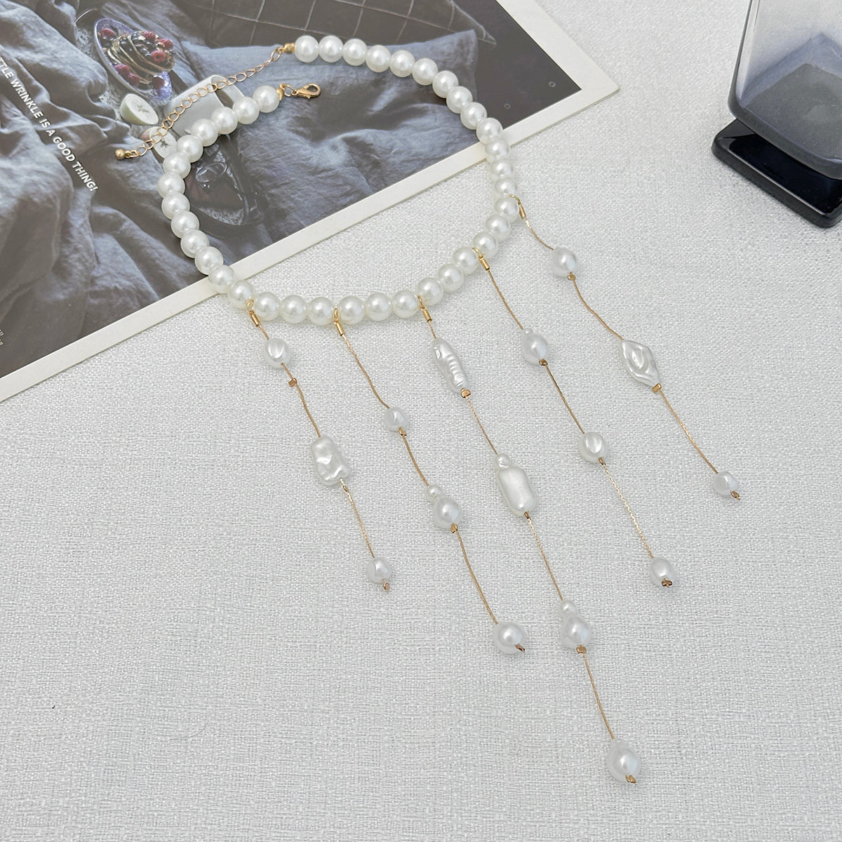 Pearl and Goldtone Tassel Collar Necklace, elegant gift for her, side view