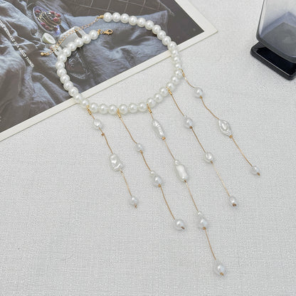 Pearl and Goldtone Tassel Collar Necklace, elegant gift for her, side view