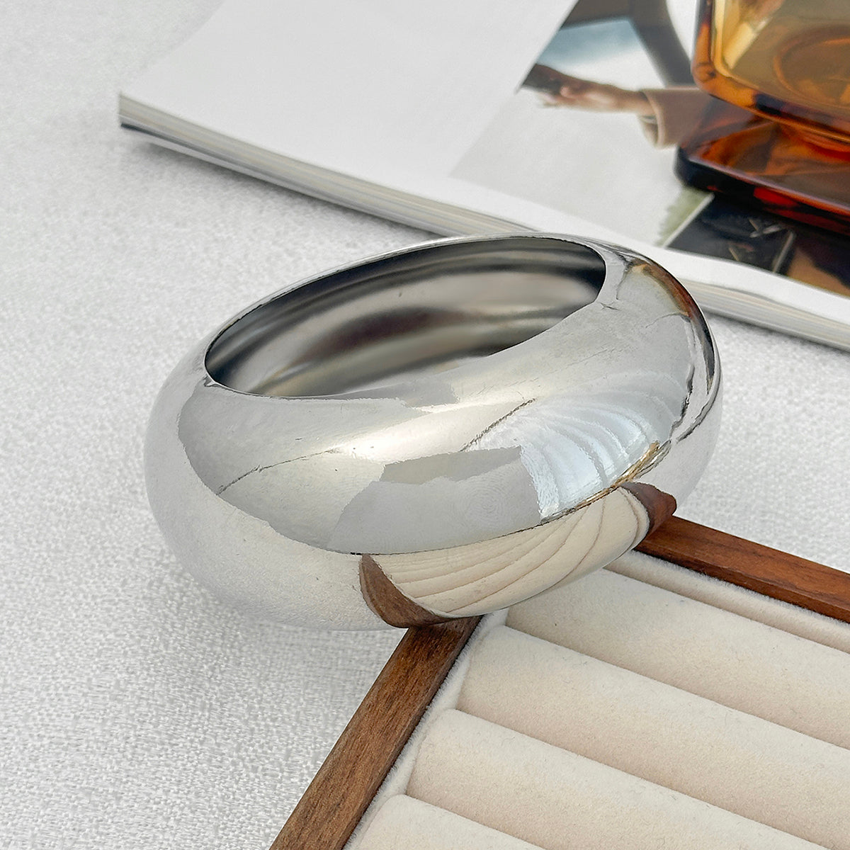 Silvertone Thick Bangle Bracelet, silver bangle bracelet, botanical inspired, side view
