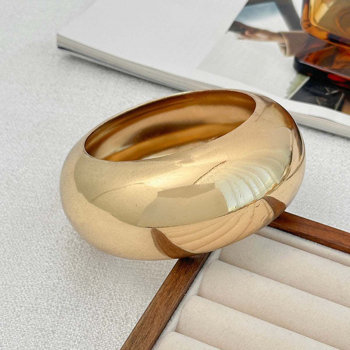 Goldtone Thick Bangle Bracelet, gold bangle bracelet, vintage-inspired design, side view