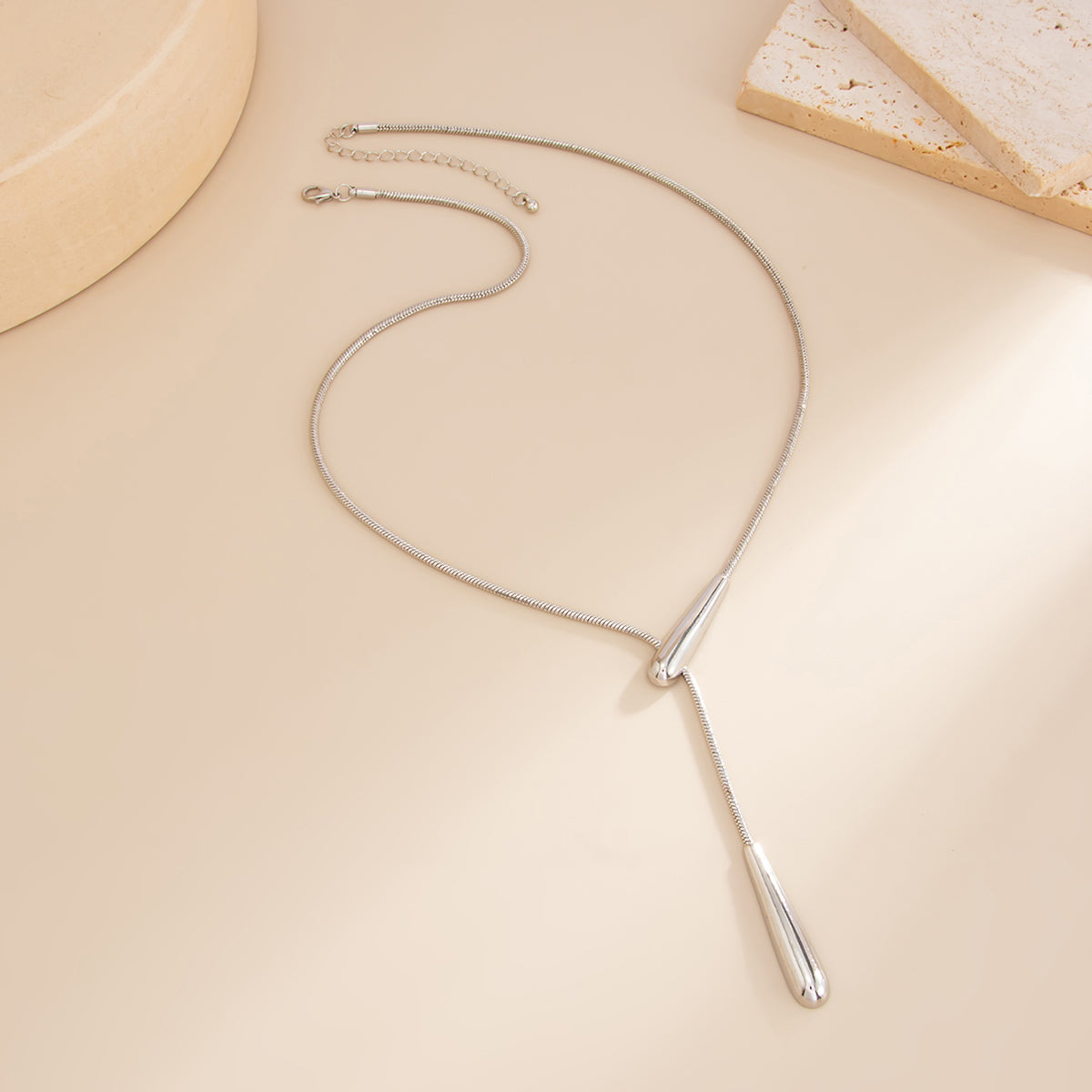 Silvertone Dual-Drop Lariat Necklace, elegant gift for her, side view