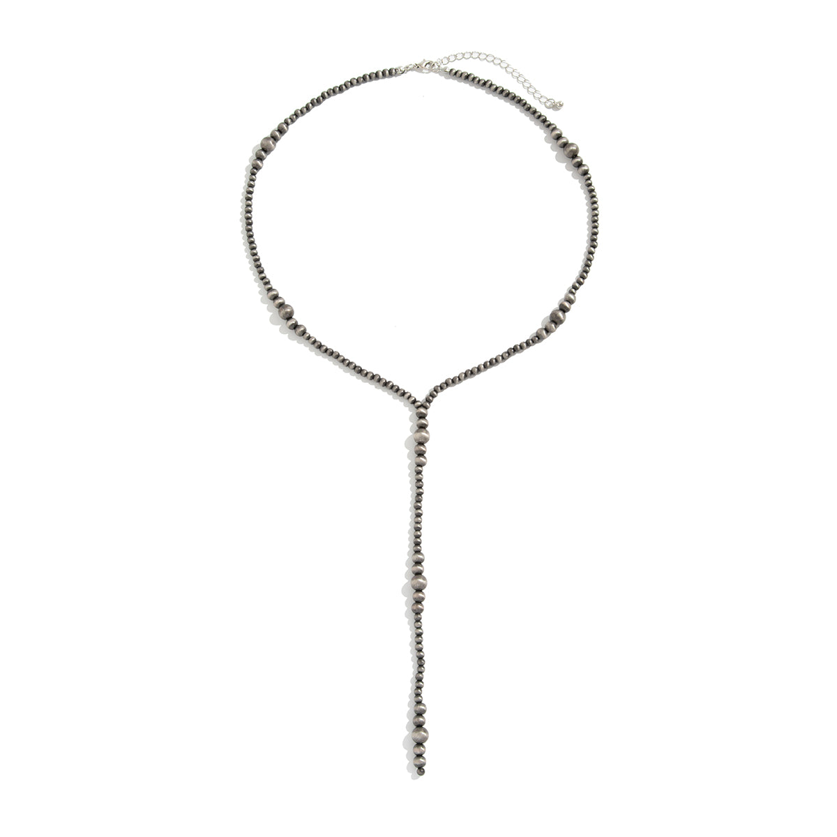 Dark Resin and Silvertone Beaded Y-Necklace, everyday style, front view