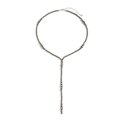 Dark Resin and Silvertone Beaded Y-Necklace, everyday style, front view