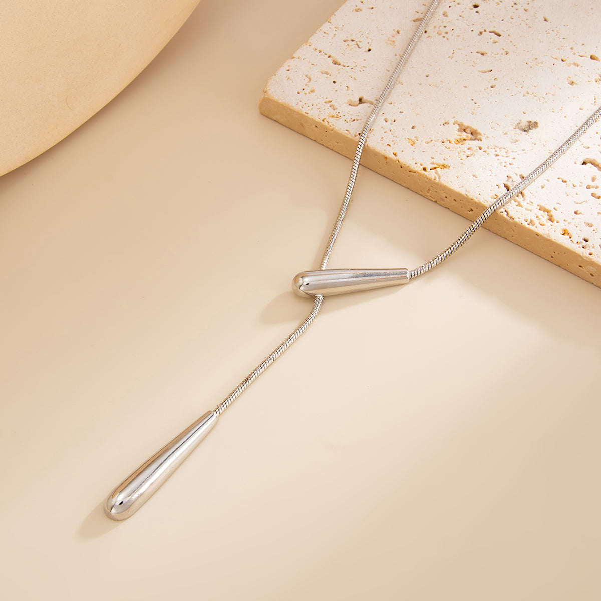 Silvertone Dual-Drop Lariat Necklace, elegant gift for her, detail close-up