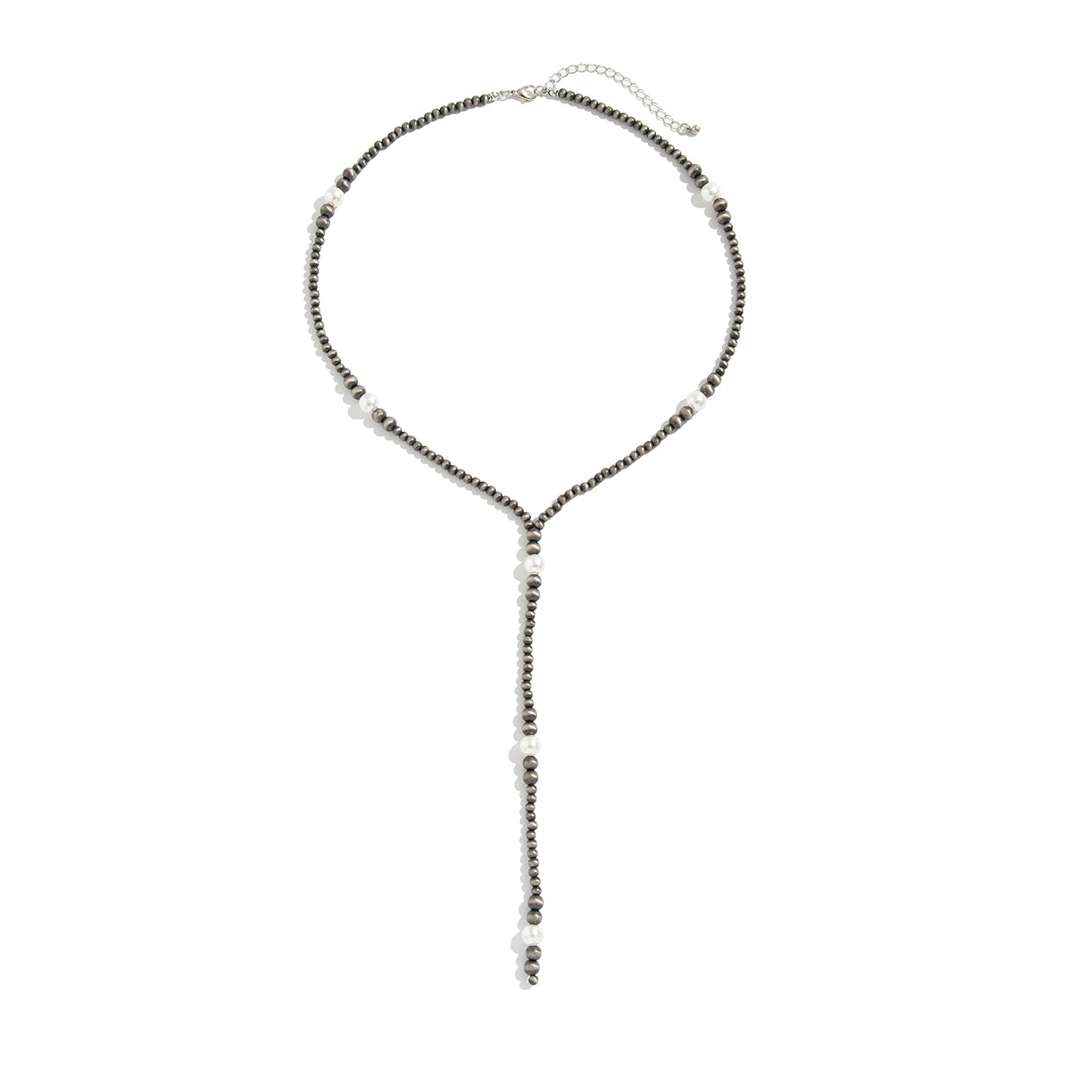 Dark Resin and Pearl Silvertone Beaded Y-Necklace, vintage-inspired design, front view
