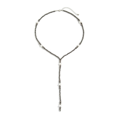 Dark Resin and Pearl Silvertone Beaded Y-Necklace, vintage-inspired design, front view