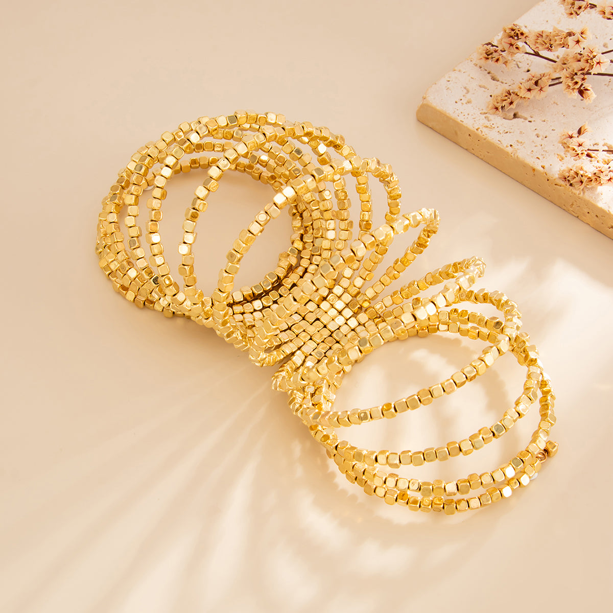 Goldtone Cube Layered Stretch Bracelet, vintage-inspired design, detail close-up