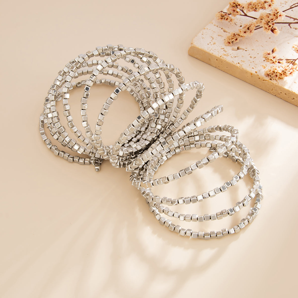 Silvertone Cube Layered Stretch Bracelet, botanical inspired, side view