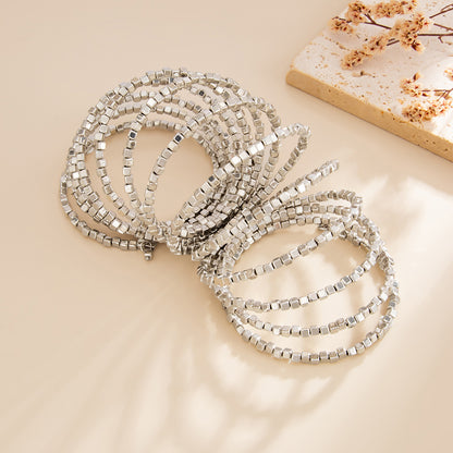 Silvertone Cube Layered Stretch Bracelet, botanical inspired, side view