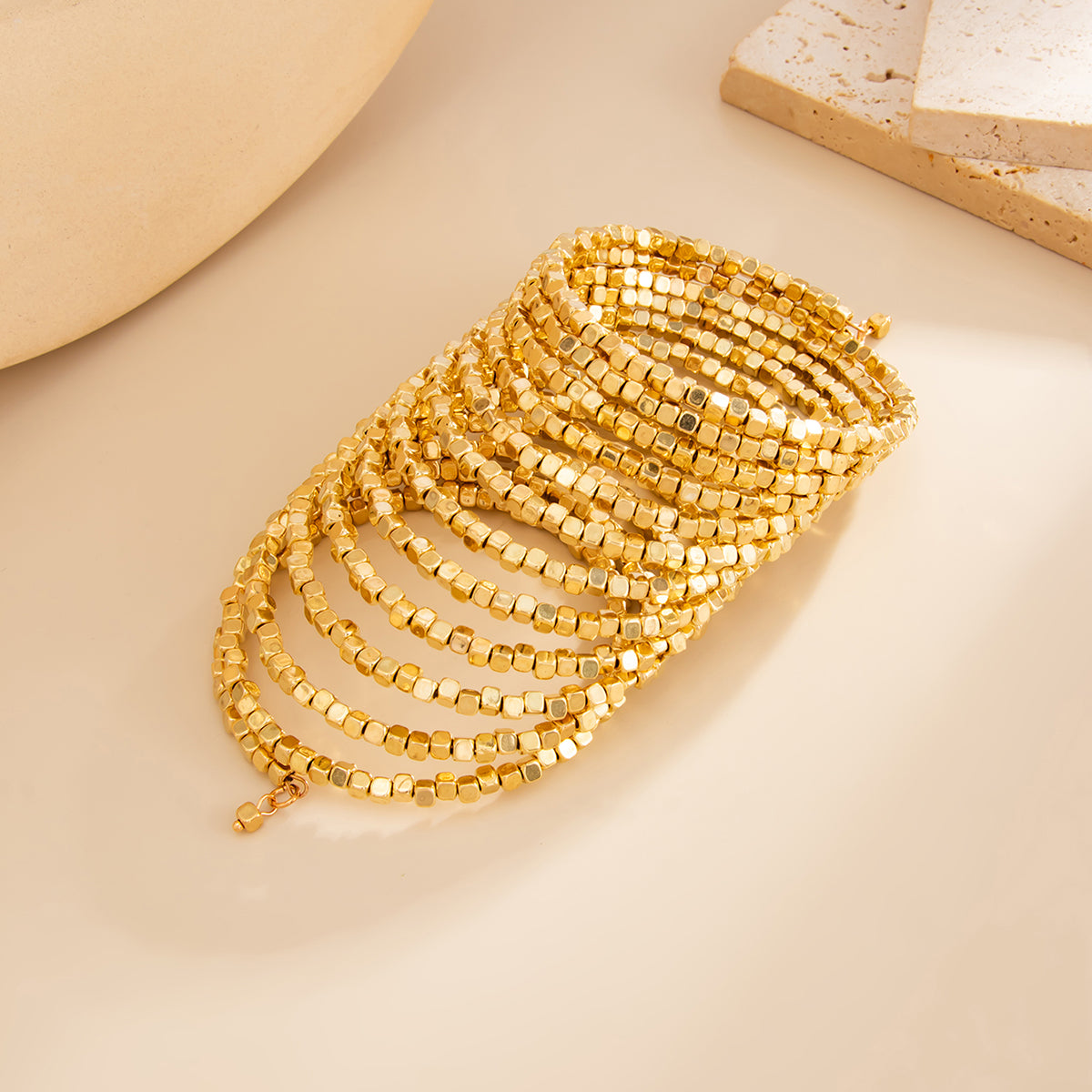 Goldtone Cube Layered Stretch Bracelet, vintage-inspired design, side view