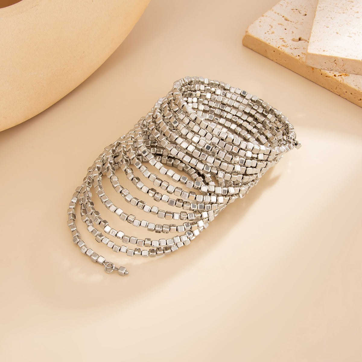 Silvertone Cube Layered Stretch Bracelet, botanical inspired, detail close-up