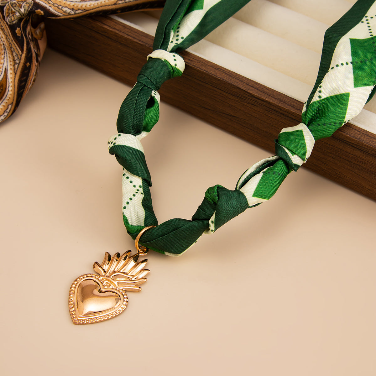 Silk and Goldtone Crown Heart Pendant Necklace, elegant gift for her, detail close-up
