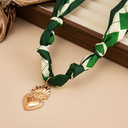 Silk and Goldtone Crown Heart Pendant Necklace, elegant gift for her, detail close-up