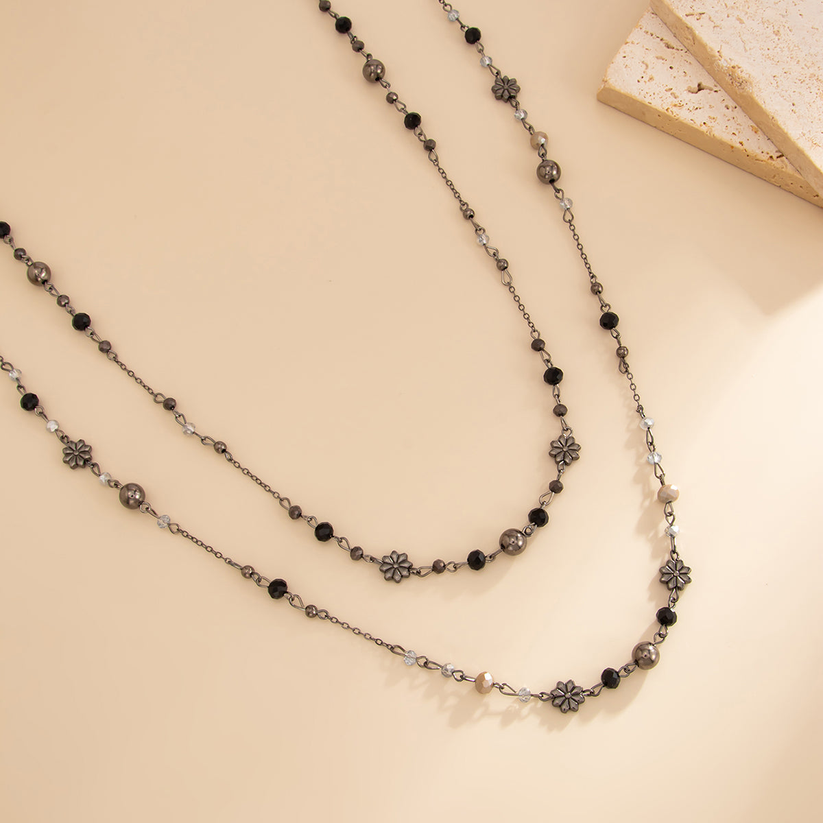 Acrylic and Blacktone Beaded Chain Flower Station Layered Necklace, elegant gift for her, side view
