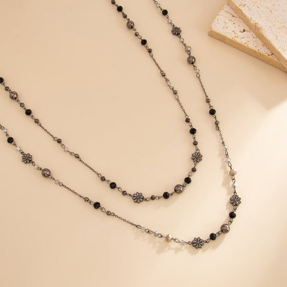Acrylic and Blacktone Beaded Chain Flower Station Layered Necklace, elegant gift for her, side view