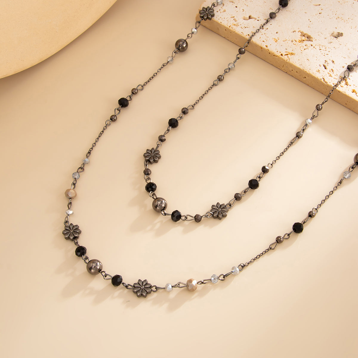 Acrylic and Blacktone Beaded Chain Flower Station Layered Necklace, elegant gift for her, detail close-up