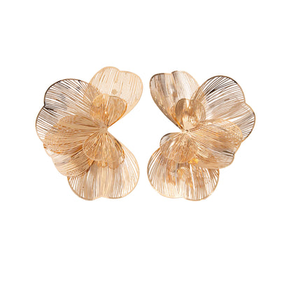 Goldtone Textured Netted Flower Statement Stud Earrings