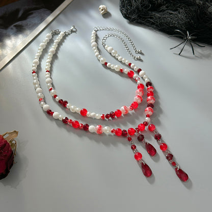 Red Crystal and Acrylic Pearl Enamel Silvertone Beads Chain Tassel Necklace Set, silver pendant necklace for women, side view