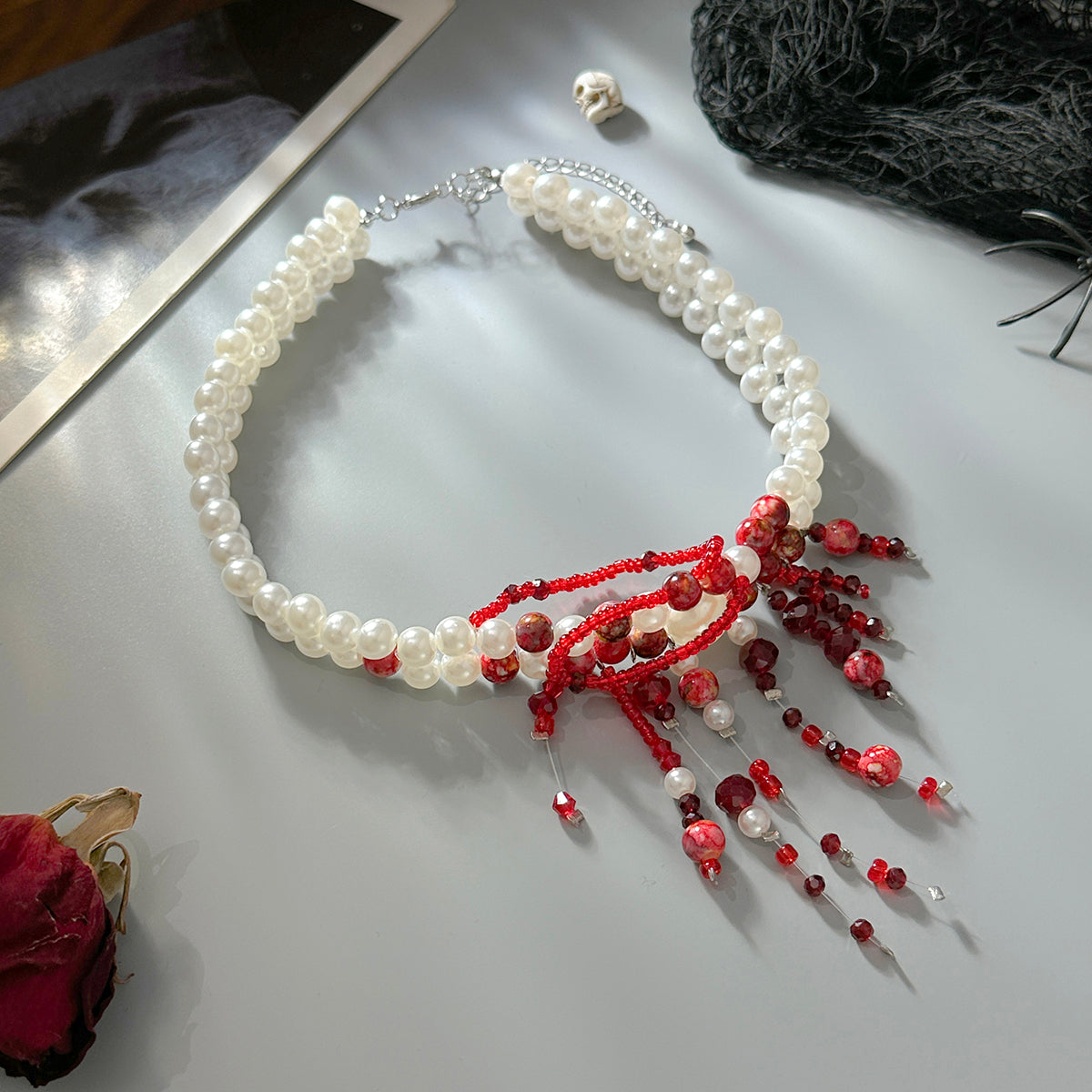 Red Acrylic and Pearl Silvertone Layered Necklace, everyday style, side view