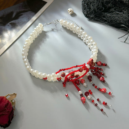 Red Acrylic and Pearl Silvertone Layered Necklace, everyday style, side view