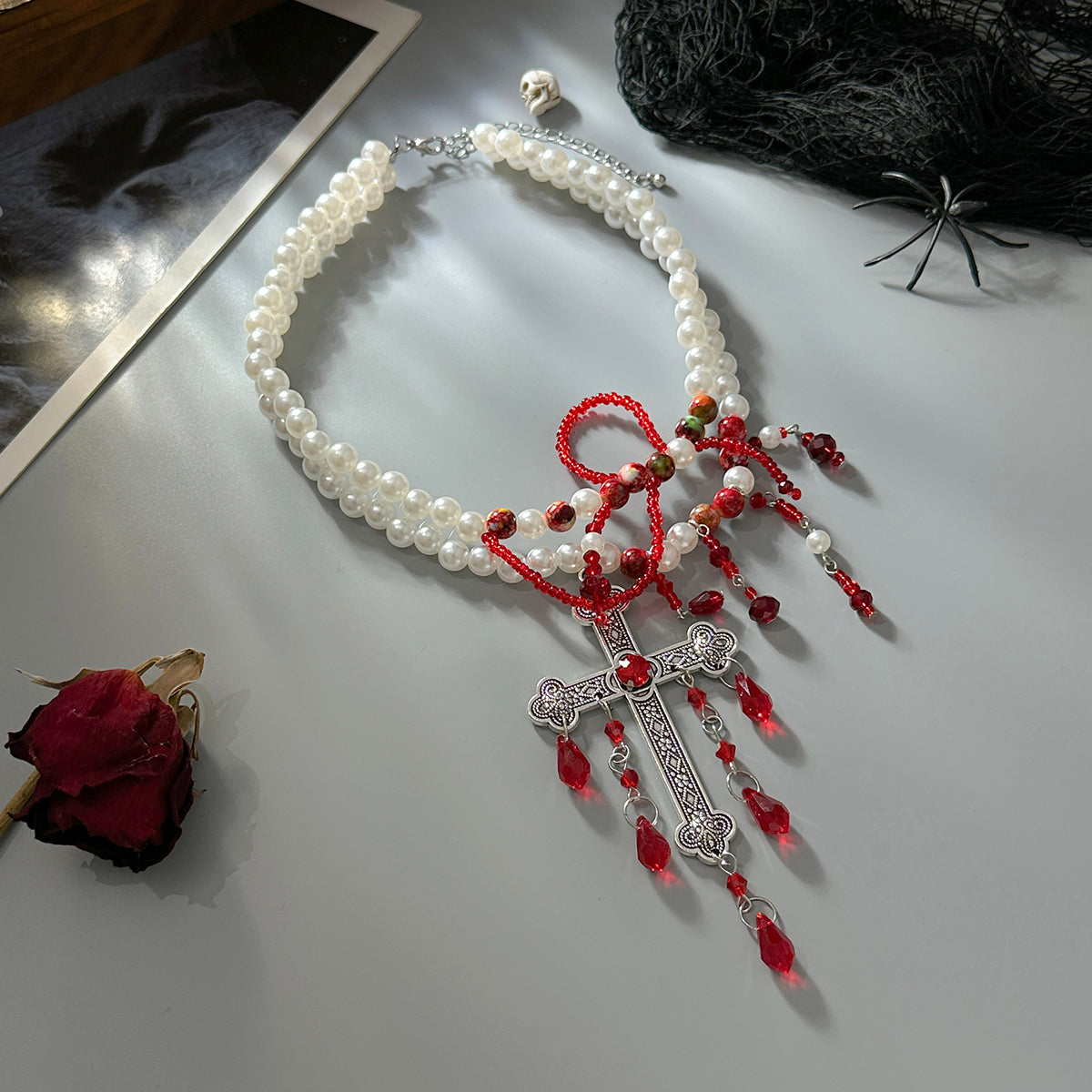 Red Acrylic and Pearl Silvertone Cross Pendant Layered Necklace, everyday style, side view