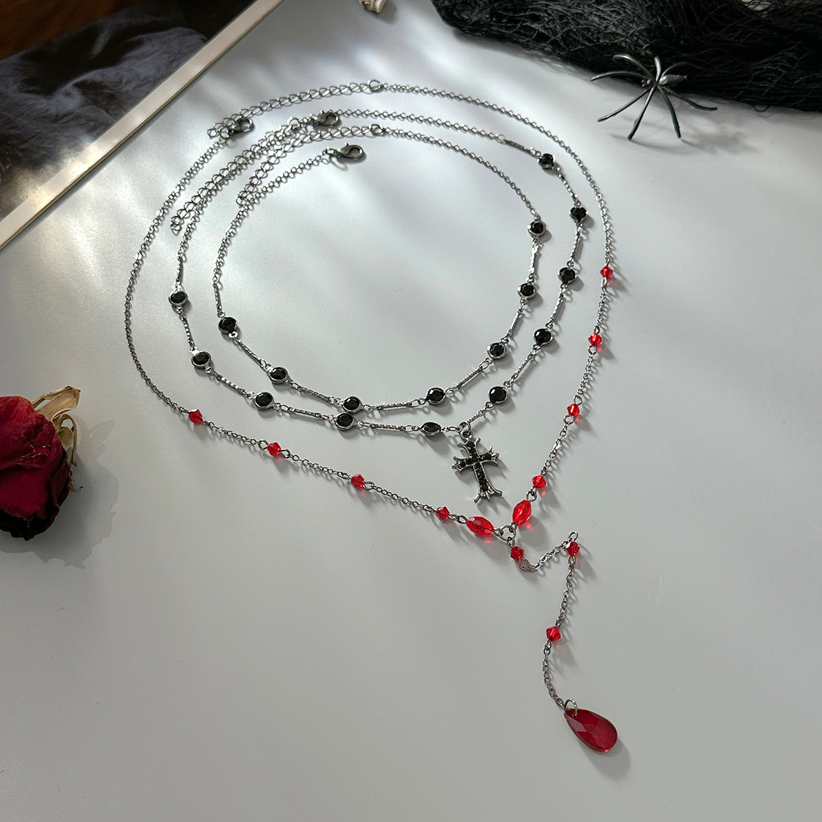 Red Crystal and Acrylic Cubic Zirconia Blacktone Drop Necklace Set, pendant necklace for women, side view