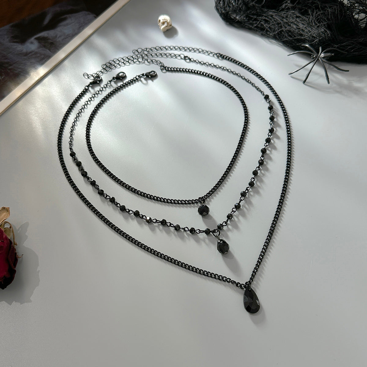 Black Acrylic and Blacktone Beads Chain Drop Pendant Necklace Set, pendant necklace for women, botanical inspired, side view