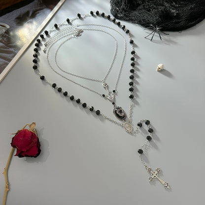 Black Resin and Acrylic Silvertone Bat Oval Cross Drop Necklace Set, silver pendant necklace for women, side view
