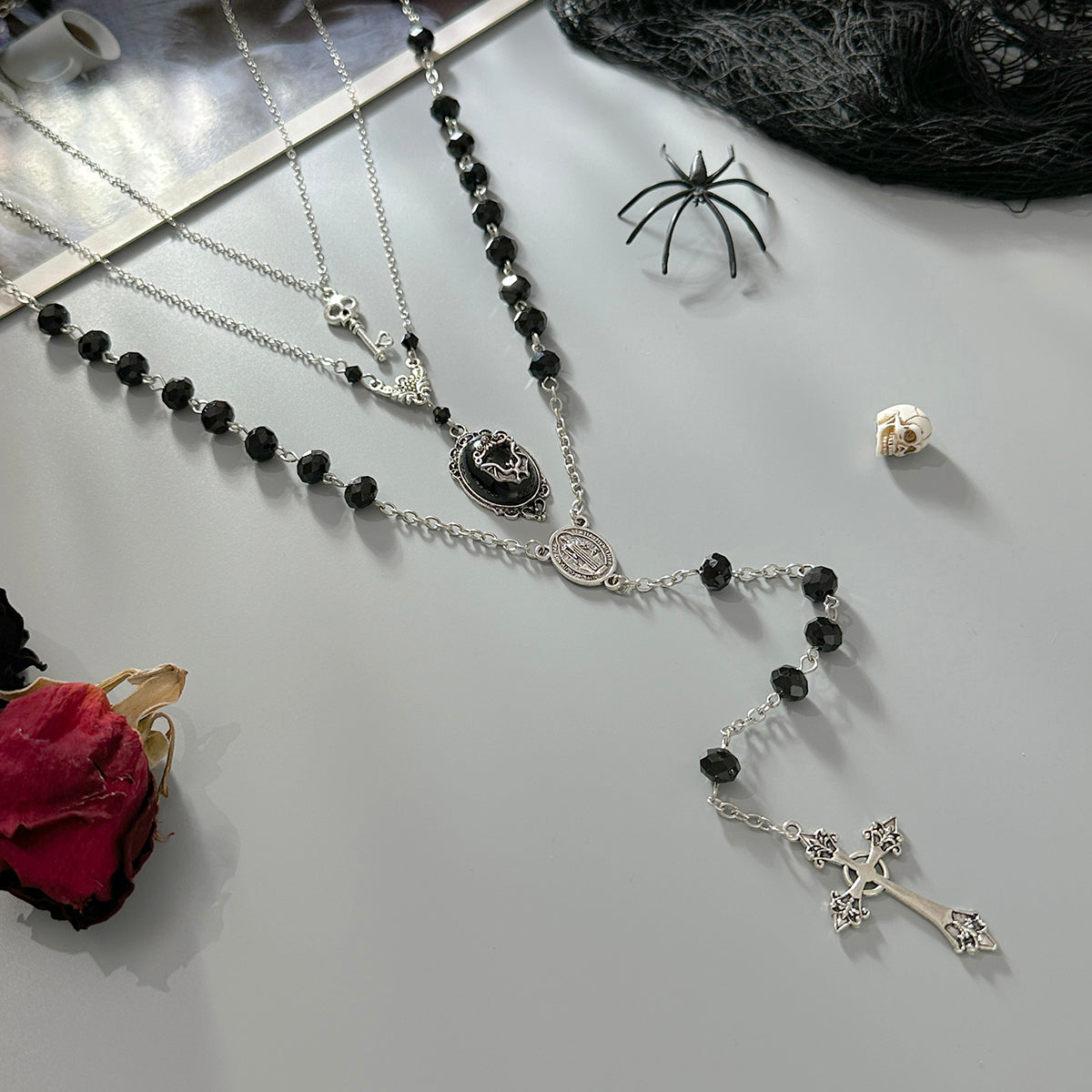 Black Resin and Acrylic Silvertone Bat Oval Cross Drop Necklace Set, silver pendant necklace for women, detail close-up