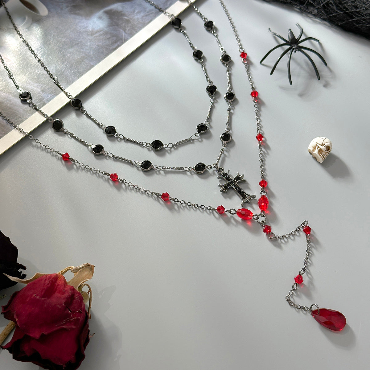 Red Crystal and Acrylic Cubic Zirconia Blacktone Drop Necklace Set, pendant necklace for women, detail close-up