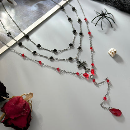 Red Crystal and Acrylic Cubic Zirconia Blacktone Drop Necklace Set, pendant necklace for women, detail close-up