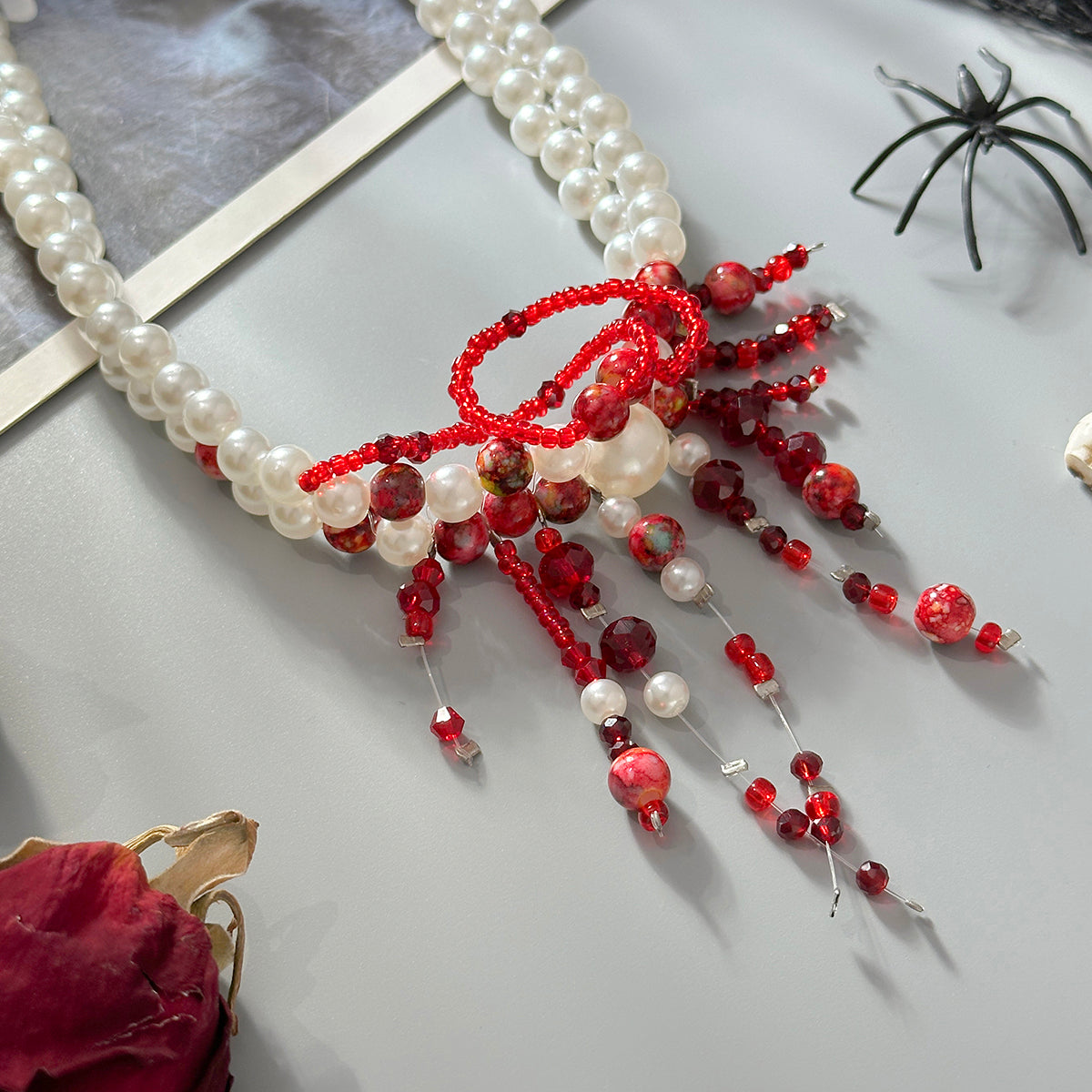 Red Acrylic and Pearl Silvertone Layered Necklace, everyday style, detail close-up