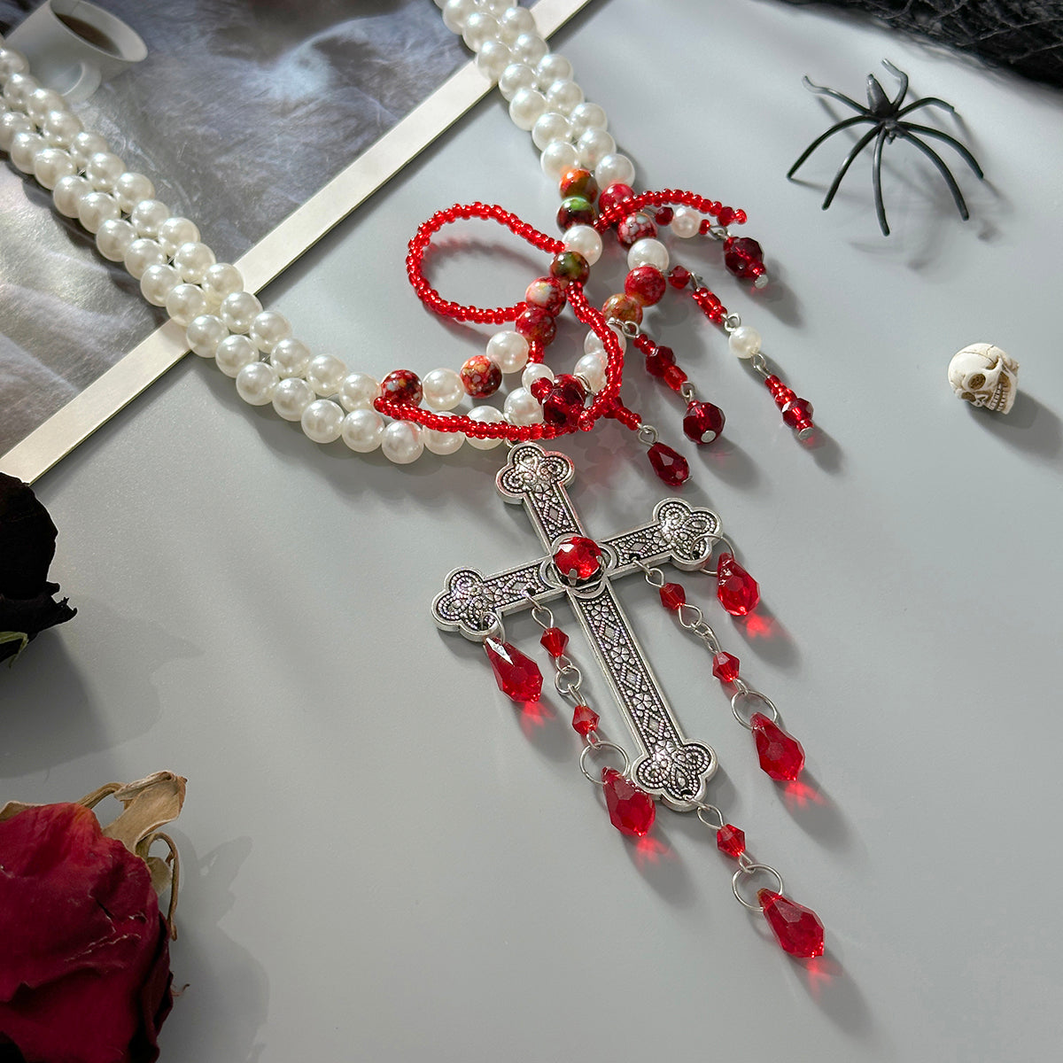 Red Acrylic and Pearl Silvertone Cross Pendant Layered Necklace, everyday style, detail close-up