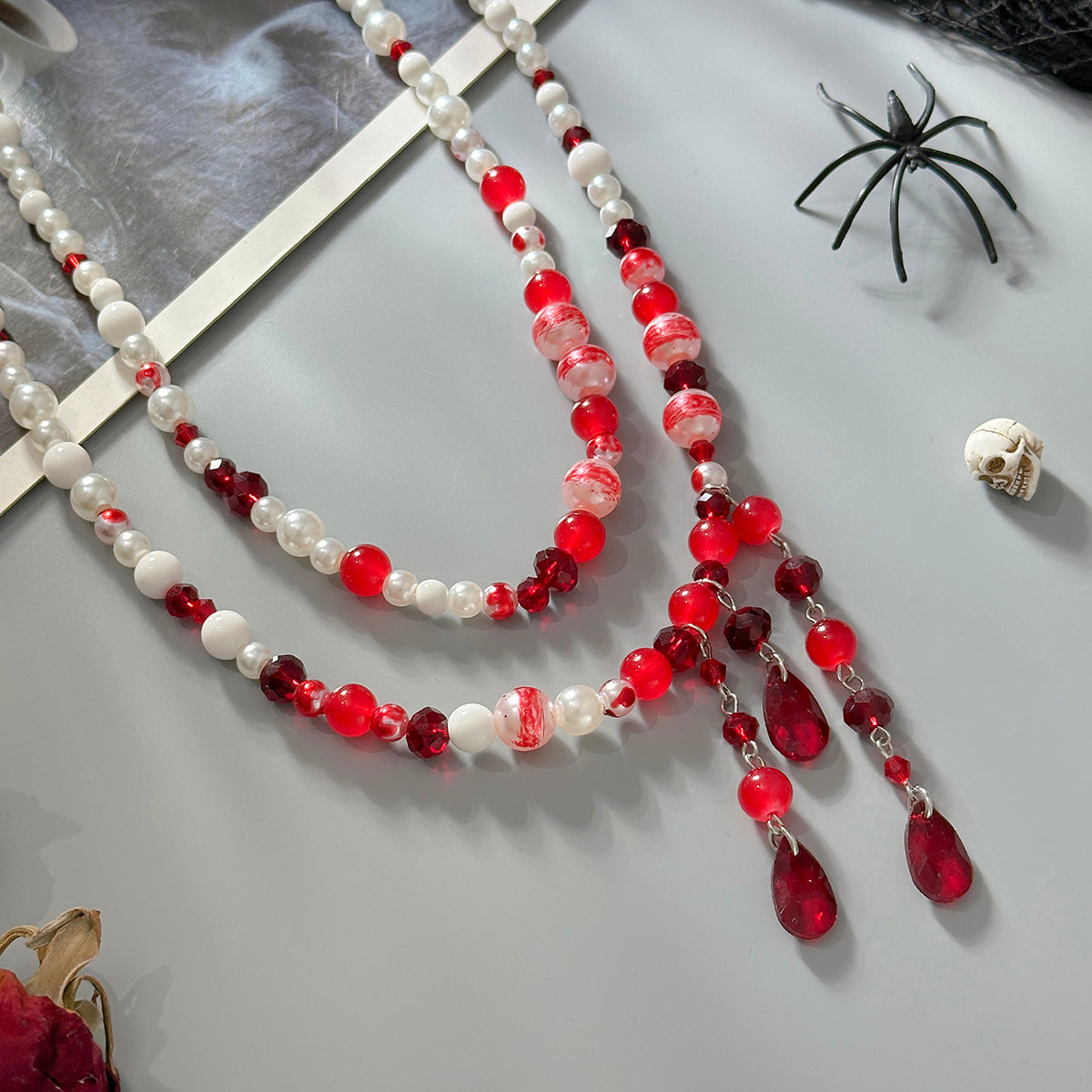 Red Crystal and Acrylic Pearl Enamel Silvertone Beads Chain Tassel Necklace Set, silver pendant necklace..., detail close-up