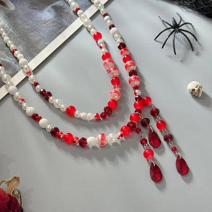 Red Crystal and Acrylic Pearl Enamel Silvertone Beads Chain Tassel Necklace Set, silver pendant necklace..., detail close-up