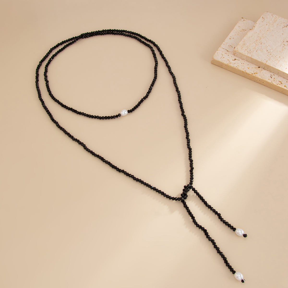 Black Acrylic and Pearl Long Chain Necklace, dainty minimalist design, side view