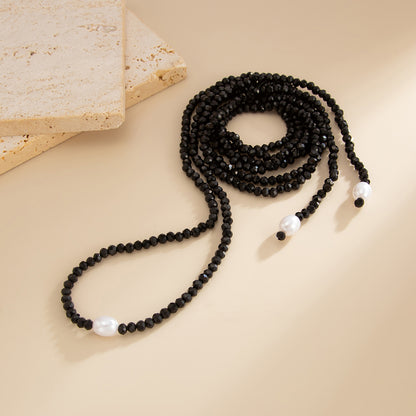 Black Acrylic and Pearl Long Chain Necklace, dainty minimalist design, detail close-up