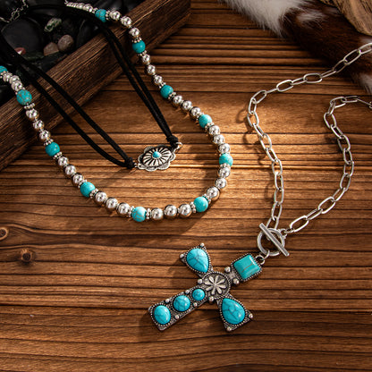 Black Polyster & Turqouise Silvertone Oval Cross Pendant Necklace Set
