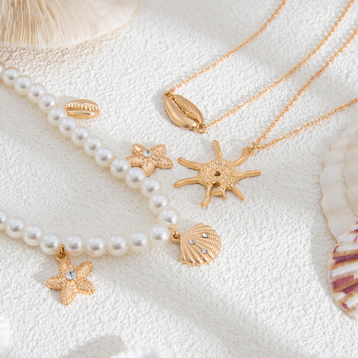 Pearl and Goldtone Sea Lives Pendant Necklace Set, gold pendant necklace for women, botanical inspired, side view