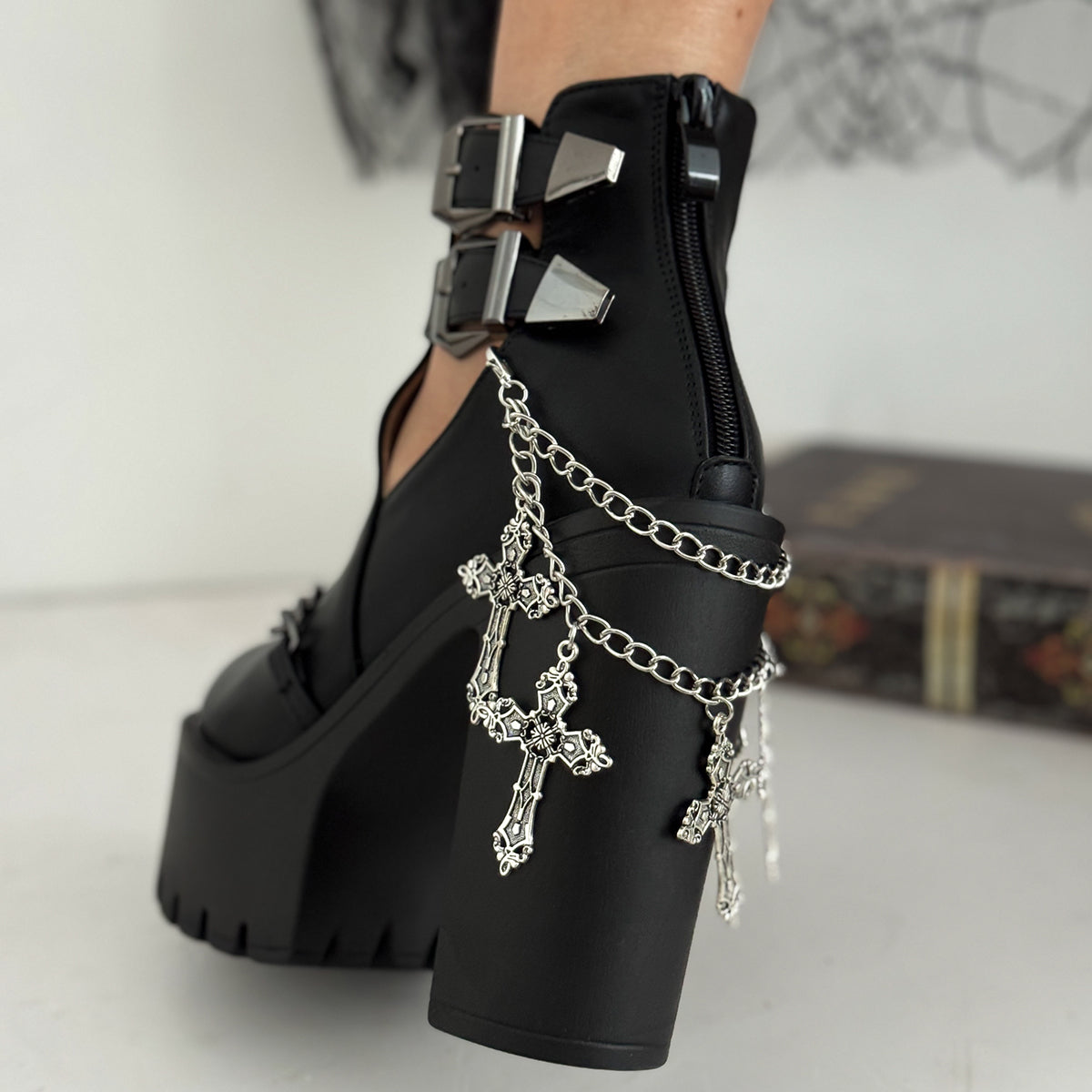 Silvertone Cross Charm Layered Anklet, silver anklet bracelet, botanical inspired, lifestyle look