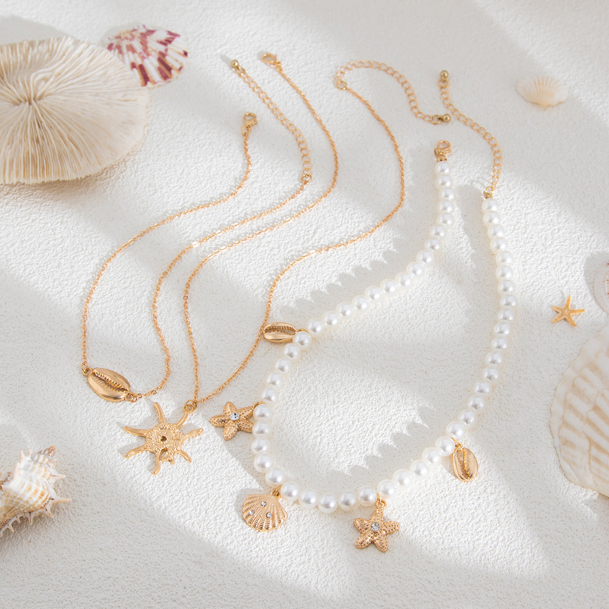 Pearl and Goldtone Sea Lives Pendant Necklace Set, gold pendant necklace for women, botanical inspired, detail close-up