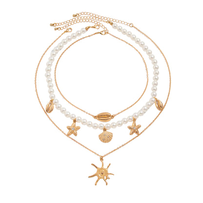 Pearl and Goldtone Sea Lives Pendant Necklace Set, gold pendant necklace for women, botanical inspired, front view